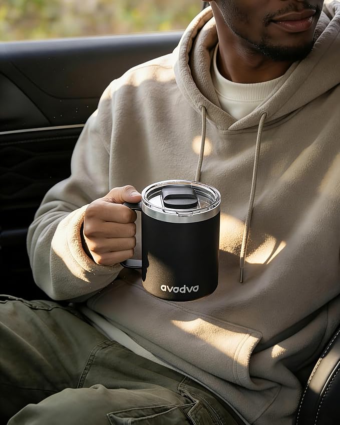 2 Pack 12oz Insulated Coffee Mug with Lids – Double Wall Stainless Steel Travel Cups with Handle, Keep Hot & Cold Drinks, Ideal Gift for Coffee Lovers, Home, Office & Camping, Black