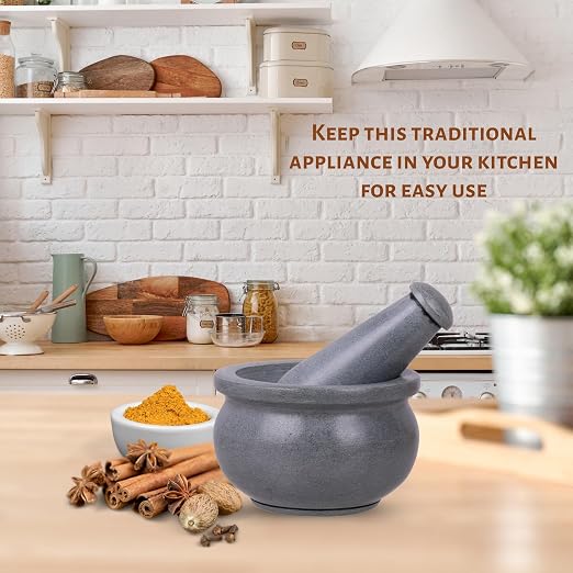 Mortar and Pestle, Made of Heavy Duty Polished Hard Stone, Natural Stone Grinder for Spices, Pastes, Herbs, Seasoning etc. (Okhli, Normal)