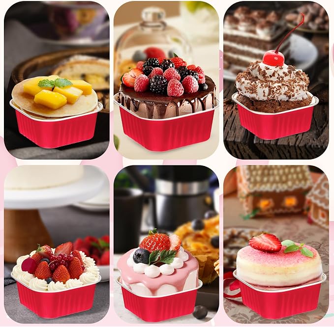 30Pack 5oz Mini Cake Pans with Lids Baking Cups Aluminum Foil Pans Tins, Individual Dessert Cups Containers for Sales,Party,Picnics Red