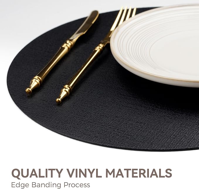 13" Round Placemats Set of 8, Reversible Faux Leather Wipeable Table Mats | 2mm Vinyl Heat Resistant, Waterproof Oilproof Scratch Proof Non-Slip, Washable for Kitchen Dining Indoor Outdoor (Black)