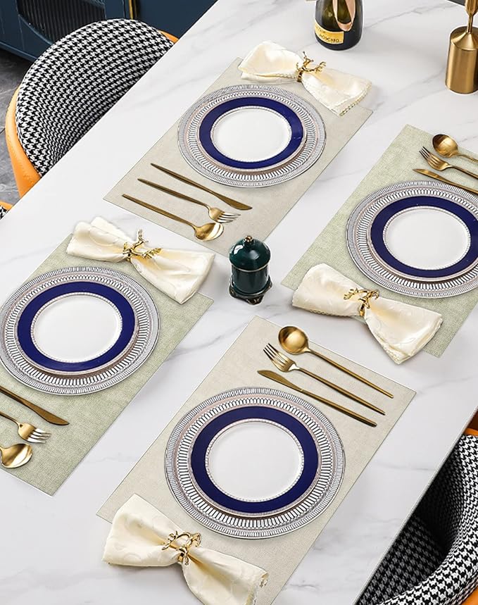 Leather Placemats Table Mats Set of 6, Light Green & Beige | Reversible Non-Slip Table Placemats, Heat-Resistant and Waterproof for Dining Kitchen and Holiday Parties