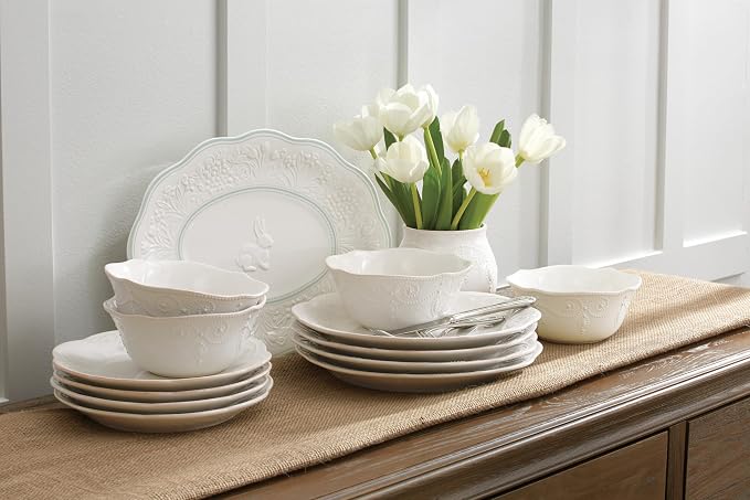 Lenox French Perle White Stoneware Dinnerware Set with All-Purpose Bowls | dishwasher safe, microwave safe | plates and bowls sets for kitchen and dining, dish set, dishes | 20oz