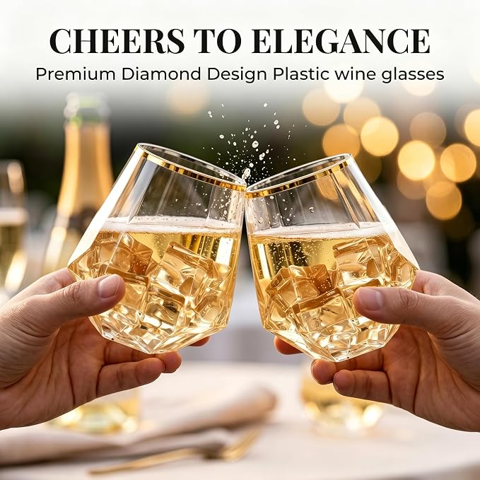 Lueumxc 56 Pack Plastic Wine Glasses Disposable Diamond Champagne Flutes, 32 Pcs 9 OZ Stemless Champagne Flutes & 24 Pcs 12 OZ Disposable Wine Glasses, BPA-Free