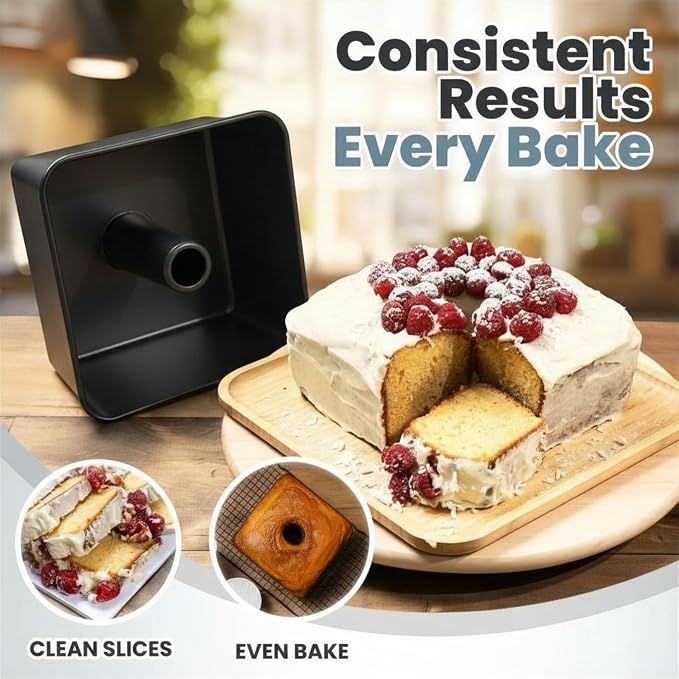 One-Piece Square Tube Cake Pan, 18 Cup, Anodized Aluminum, 9 x 9 x 4.5 in, Seamless Design, Easy Release, Even Heat, for Angel Food, Chiffon, Sponge, Mile High & Pound Cakes (Black)