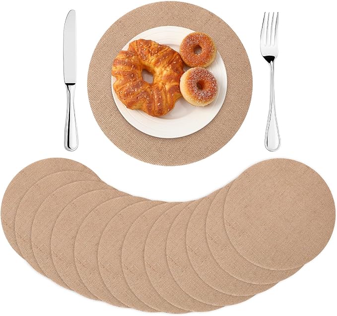 12 Pcs 11.8 Inch Burlap Round Placemats Bulk, Natural Table Mats | Jute Fiber Placemats, Heat Resistant Non Slip, Holiday Weddings Birthday Party, Kitchen Dining Table Decorations