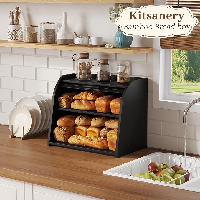 Kitsanery Bread Box for Kitchen Countertop, Bamboo Bread Storage, Double-Layer Roll-Top Bread Container, Farmhouse Bread Holder for Homemade Bread (Black, double layer)