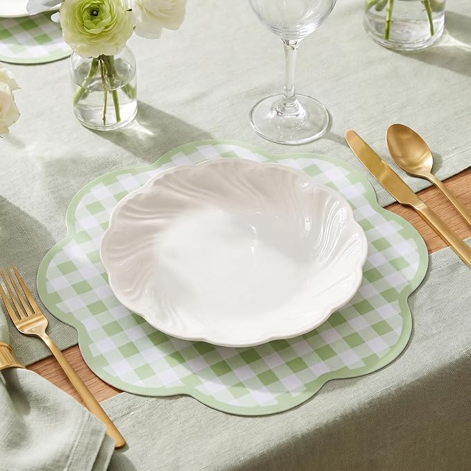 Patelai 48 Pcs Wavy Round Paper Placemats Colorful Pastel Disposable Placemats with Wavy Border for Birthday Wedding Tea Party Banquet Dinner Table Setting (Grid)