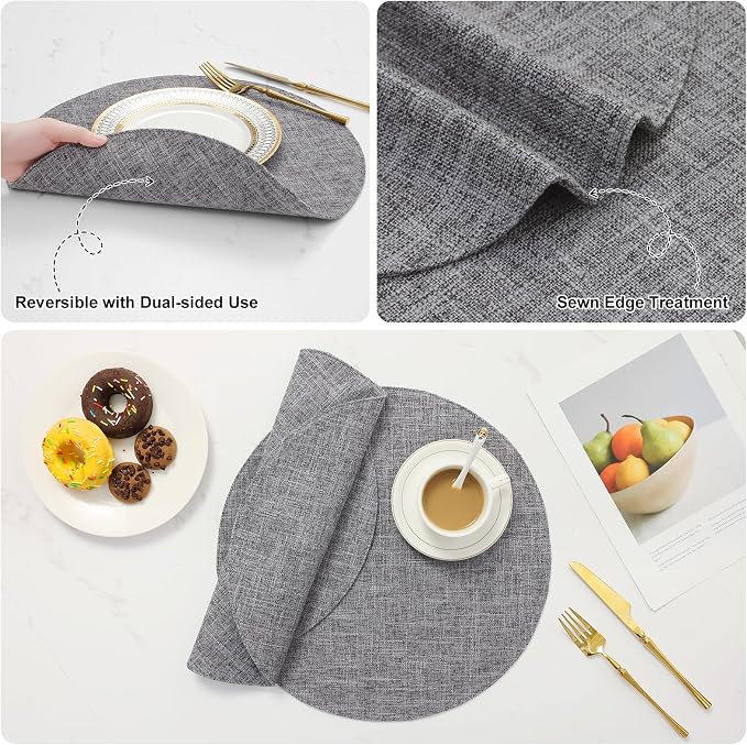 Cotton Linen 15 Inch Round Cloth Place mats, Set of 6, Dark Grey | Washable Table Mats, Heat Resistant, Reversible, Wipeable Place Mats for Indoor Outdoor