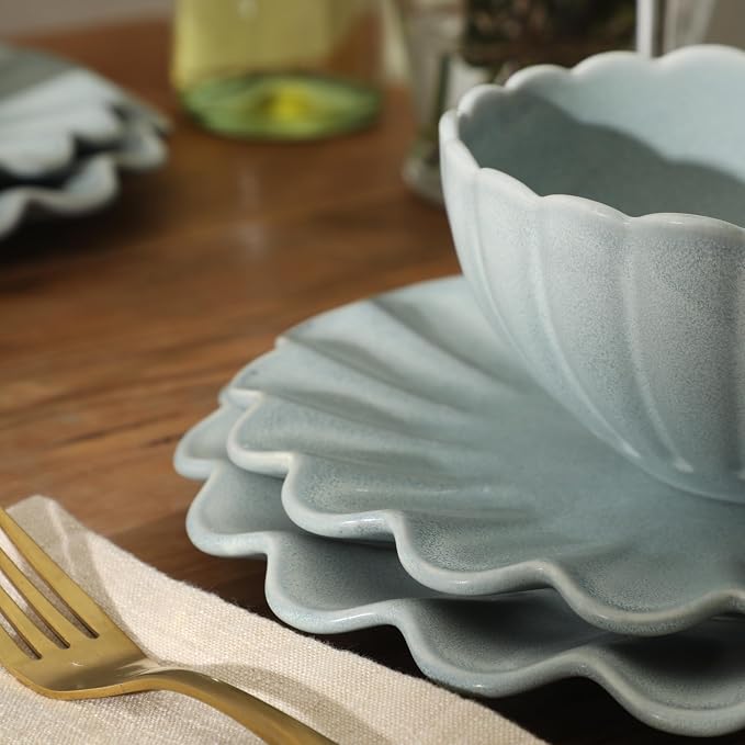 Gibson Elite Bistro Fleur Plates and Bowls Sets, 12-Piece Stoneware Dinnerware Set for 4, Sage Blue Scalloped Dish Set with Dinner Plates, Salad Plates & Bowls