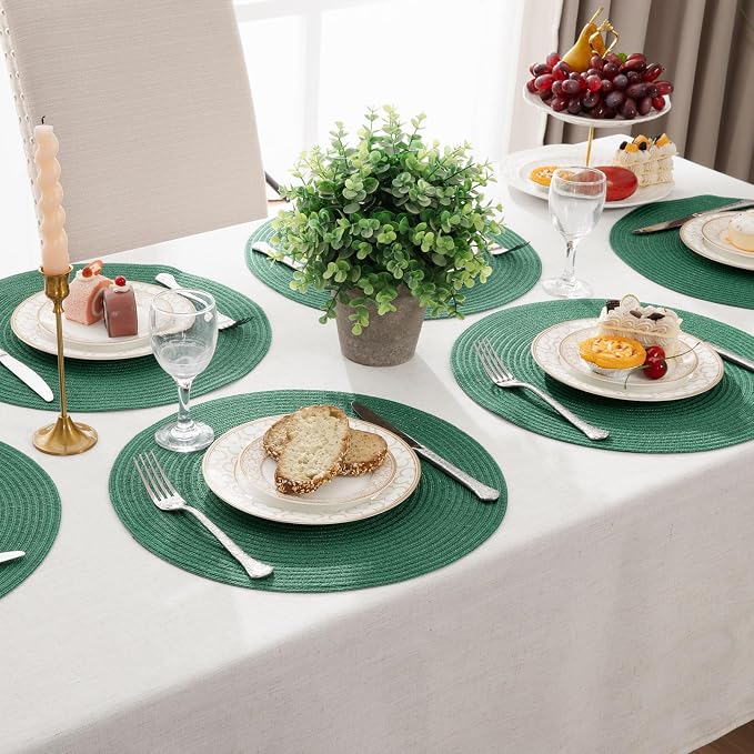 SHACOS Dark Green Round Placemats Set of 6 Cotton Polyester Braided 15 inch Washable Kitchen Dining Table Place Mats Christmas Table Mats for Home Wedding Party Decor