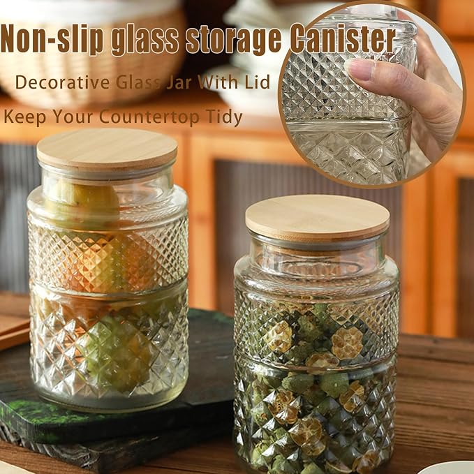 Viovian Vintage Glass Jar with Lid Wood Spoon 60 OZ Round Thick Glass Storage Jars Airtight Lids Decorative Canister Container for Food Candy Cookie Sugar Coffee Tea Nuts Snack Bath Salt