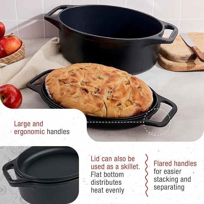 Victoria 6-Quart Cast Iron Oval Dutch Oven, Combination Combo Cooker Pot and Skillet, Bread Baker, Made in Colombia, 2-Piece Set | Combination Combo Cooker Pot and Skillet Lid, Bread Baker, Made in Colombia