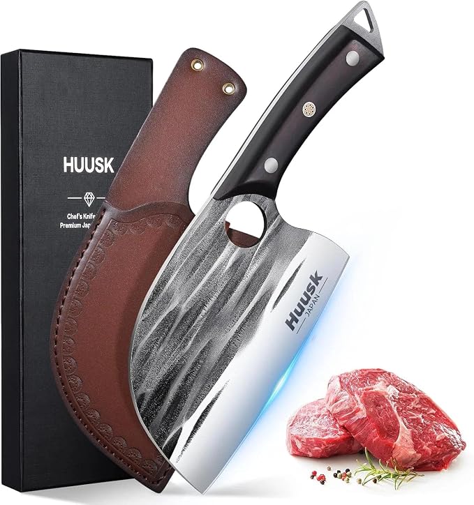 Huusk Upgraded Serbian Chef Knife with Sheath - Hand-forged Butcher Knives | Japanese Heavy Duty Cooking Cleaver with Full Tang Ergonomic Wood Handle for Home, Outdoor Camping, BBQ, Gifts for Men