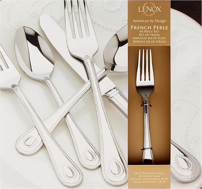 Lenox French Perle 65-Piece 18/10 Silverware Set for 12, Flatware | mirror finish, dishwasher safe | includes serving spoons and utensil set | heavy duty, cutlery set for kitchen and dining