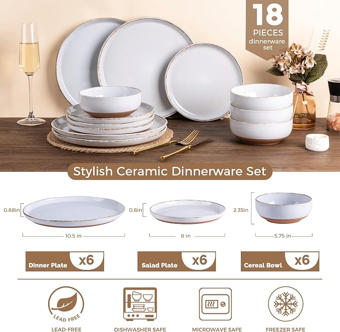 AmorArc Dinnerware Sets for 6, 18 Pieces Ceramic Plates and Bowls Set | Scratch Resistant Stoneware Dishes Set, Dishwasher & Microwave Safe,White