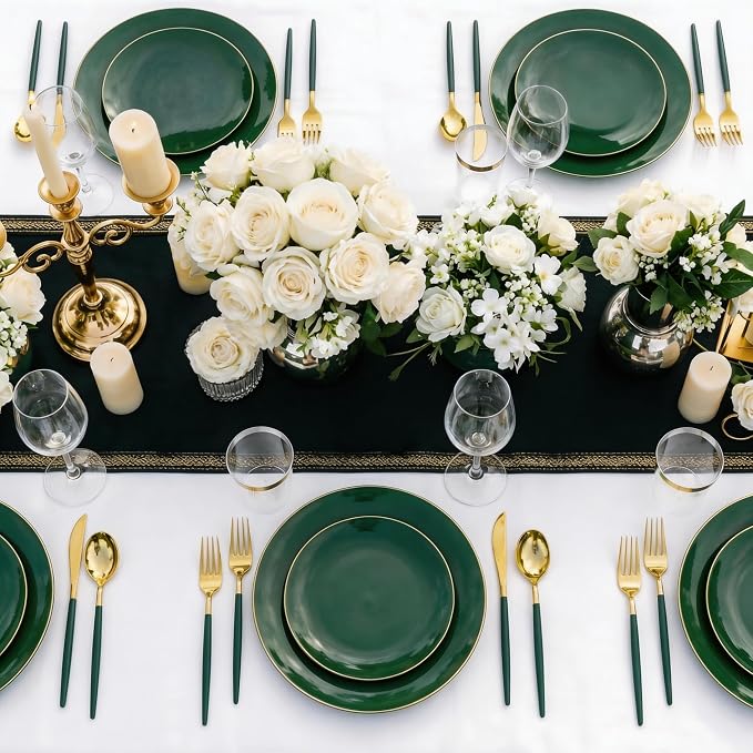 DaYammi 150Pcs Green Plastic Plates with Gold Rim,Gold and Green Disposable Plates with Cutlery Included 30 Dinner Plate,30 Dessert Plate,30 Knives,30 Forks,30 Spoon, green plates for Party Dinner