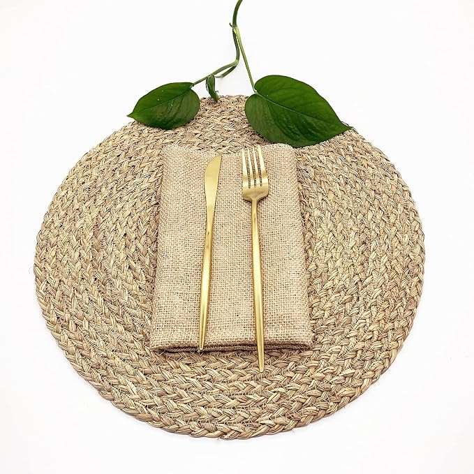 Woven Placemats for Dining Table Set of 2, 100% Natural Straw, Rustic Round Placemats Farmhouse Table Mats Rattan Wicker Placemats Hand Braided Place Mats for Indoor Outdoor, 14.17“