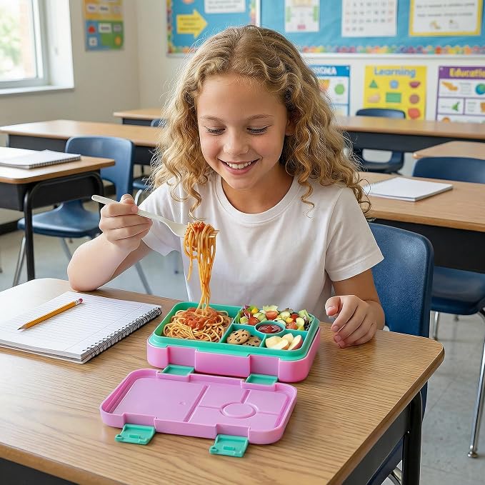 Bento Lunch Box, Snack Bento Lunch Containers Boxes, Pink Patterned | 5/6 Compartments, 3 Cups BPA Free, Dishwasher Safe, for Kids, Back to School, On-the-Go Meal, Ages 3+, School