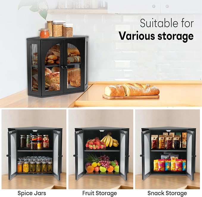Corner Bread Box for Kitchen Countertop,Double Layer Bread Holder | 3 Adjustable Height, Large Capacity, Magnetic Acrylic Door, Bamboo Bread Storage Container for Homemade Bread, Black