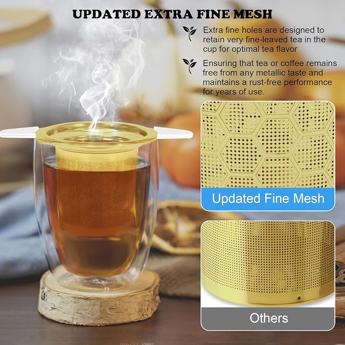 Tea Infuser for Loose Leaf Tea, 304 Stainless Steel Strainer Basket Gold | Fine Mesh Steeper, Heat Resistant, Silicone Handle, Lid Included, Large Capacity, Mug Filter, Fits Standard Cups
