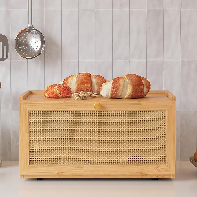 Trironsun Rattan Bamboo Bread Box for Kitchen Counter Large Capacity Bread Storage Bin Farmhouse Bread Storage Container Rustic Bread Holder (Natural Bamboo)
