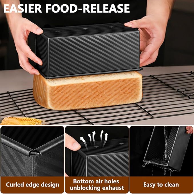 Pullman Loaf Pan with Lid 13x4, 2.2 lb Dough Capacity Bread Loaf Pan, PFTE and PFOA-Free, Healthy Baking for Homemade Sourdough & Sandwich Bread, Nonstick & Easy Clean (Black)