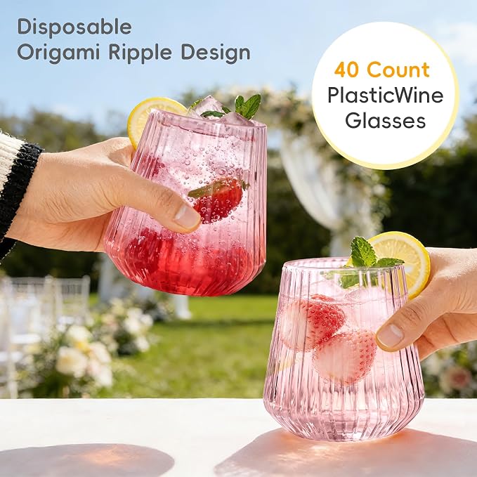 N9R 40PCS Pink Plastic Wine Glasses Disposable, 14 oz Cocktail & Spritz | Pink Clear Stemless Champagne/Whiskey/Drinking Cups, Fancy Origami Ripple, for Parties, Weddings, Pool and Bar