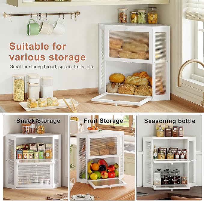 WOWLIVE Double Layer Corner Bread Box for Kitchen Countertop with 2 Doors | Bamboo Bread Storage Container, Large Farmhouse Breadbox with Acrylic Wavy Door, Under Cabinet Organizer, White, Extra Large