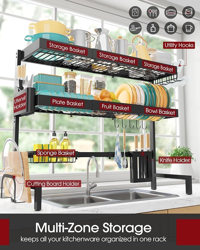 Sakugi 3-Tier Dish Drying Rack Over The Sink, Expandable for Counter | Rustproof Stainless Steel Kitchen Storage Organizer, Space-Saving 31.5"–39.5"Lx12"Wx33"H, Black