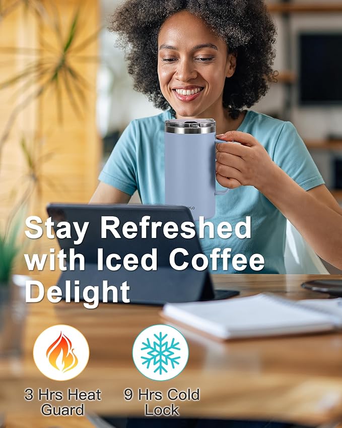 Insulated Travel Large Coffee Mug with Handle, Coffee Tumbler Cup 24oz | Detachable Lid for Thoroughly Clean, Thermal Cup with Double-Wall Stainless Steel Vacuum Insulation, Spill Proof & BPA Free