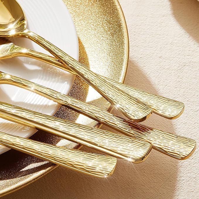 65 Piece Gold Silverware Set with Serving Utensils, 18/10 Stainless Steel | Hammered Ripple Handles, Serving Utensils, Dishwasher Safe, Rust Resistant, for Weddings, Parties & Holiday Dinners