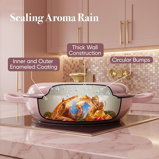 3 Quart Enameled Cast Iron Braiser, Non Stick Enameled Cast Iron Skillet with Lid, Dutch Oven Skillet with lid up to 500°F for Oven, Stove, Grill, Shallow Dutch Oven for Cook, Bake (Pink)