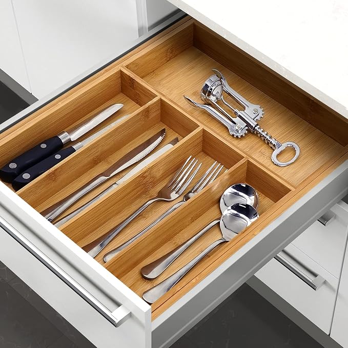 VaeFae Bamboo Drawer Organizer, Large, Natural | Expandable Silverware Organizer, Kitchen Utensil Storage, Wooden Cutlery Tray with Dividers, Fork and Spoon Holder