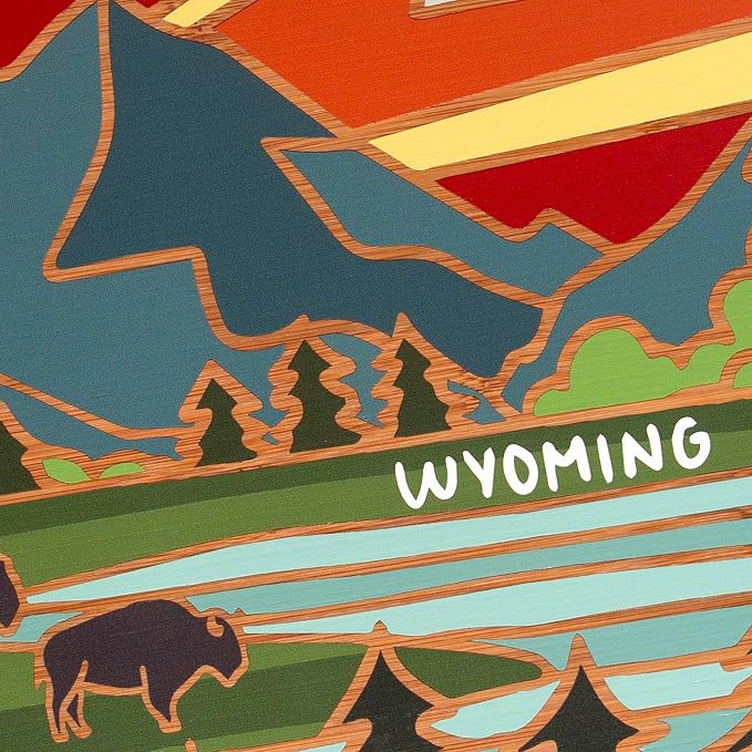Totally Bamboo Wyoming State Shaped Cutting Board, Summer Stokes Art | State charcuterie board with colorful hand-drawn landscape art. Smooth reverse side for food prep. Hang tie for wall display.