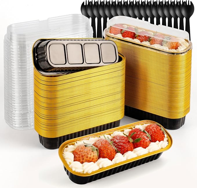 FNIU 30Pcs Mini Loaf Pans with Lids, Aluminum Foil Baking Pans, Rectangle Mini Cake Pans, Brownie Baking Cups for Wedding Birthday Party (Black Gold) | Brownie Baking Cups for Wedding Birthday Party (Black Gold)
