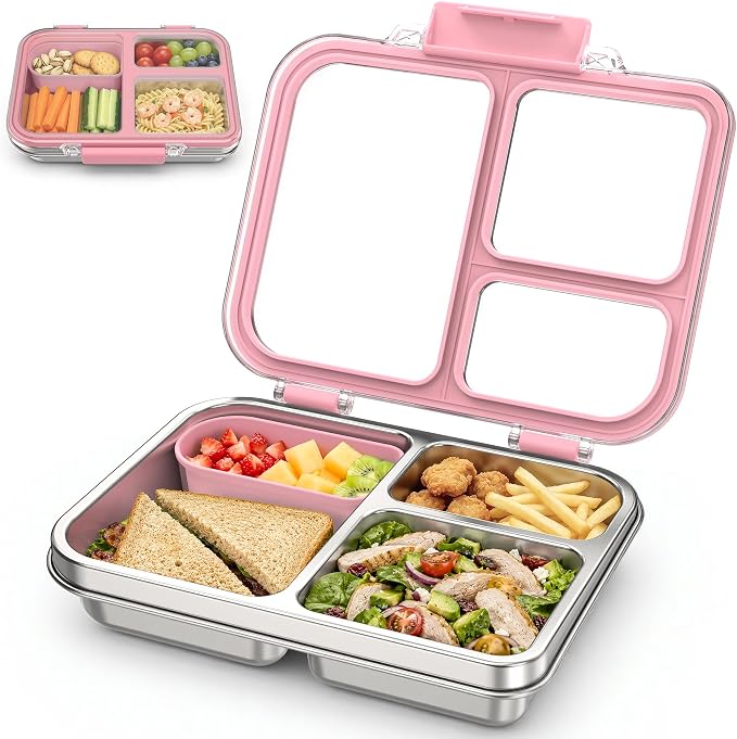 Stainless Steel Bento Box for Kids, 3-Compartment Metal Lunch Box with Clear Lid & Removable Silicone, Lunch Box Kids with Silicone Inner Container for Meal Prep, School, Office (Pink)