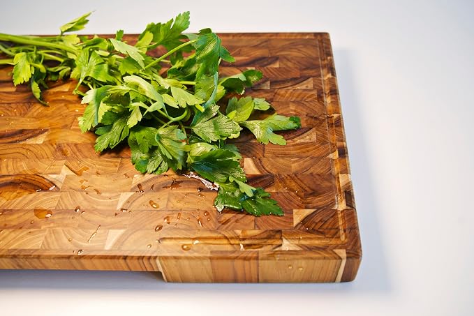 XXL Teak Wood Cutting Board for Kitchen, End Grain ExtraThick Butcher Block | 25 x 15 Inch (ExtraThick 1.7") Professional Heavy Duty Hardwood Non Toxic Wooden Chopping Board (Oil & Plate Included)