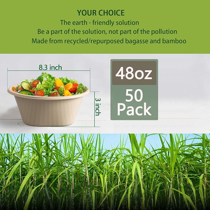 32 Oz Deep Disposable Bowl, Paper Bowls Disposable Heavy Duty Compostable Bowls, Eco-friendly Sugarcane Bagasse Biodegradable Bowl for Soup, Salad, Dessert [50 Pack]