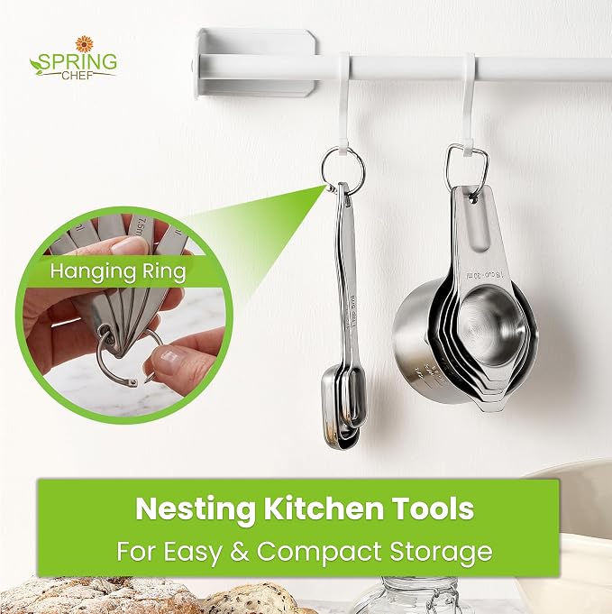Spring Chef Stainless Steel Measuring Cups and Spoons Set of 10 w/Leveler | Stackable Metal Measuring Cups for Kitchen & Rectangular Teaspoon & Tablespoon Measuring Spoons for Dry & Liquid Ingredients
