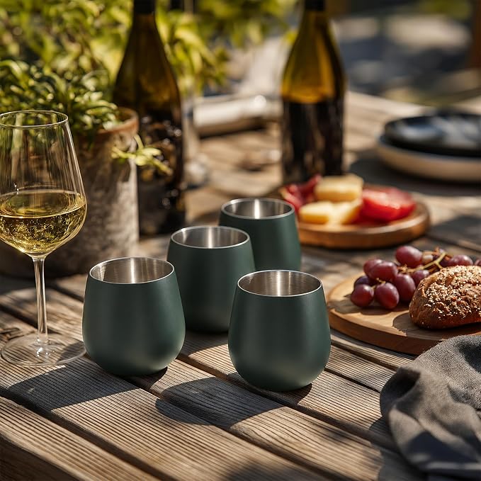 K&K Home Stainless Steel Unbreakable Stemless Wine Glasses - 15 oz - Set of 4 Colored, Stemless Metal Wine Glasses Perfect for Outdoors, Weddings, and Parties (Green)