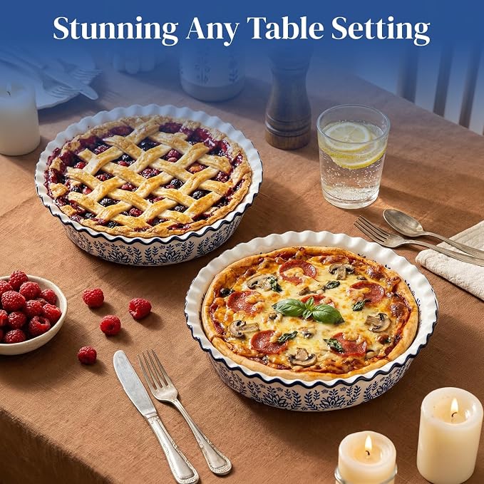 SOUJOY 2 Pack Ceramic Pie Pans for Baking, 10 Inch Pie Plates with Ruffled Edges, Deep Round Baking Dishes, Non-Stick Bakeware for Quiches Tarts Casseroles, Oven Microwave & Dishwasher Safe