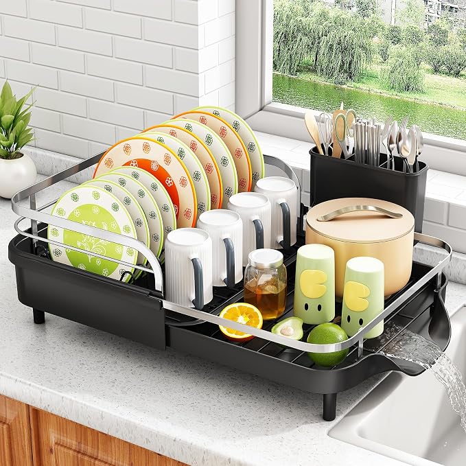 SAYZH Expandable Dish Drying Rack for Small Kitchen Counter, Black | Stainless Steel, Protective Guardrail, Angled Drainboard, Fits High-Rim Sinks, Removable Utensil Holder