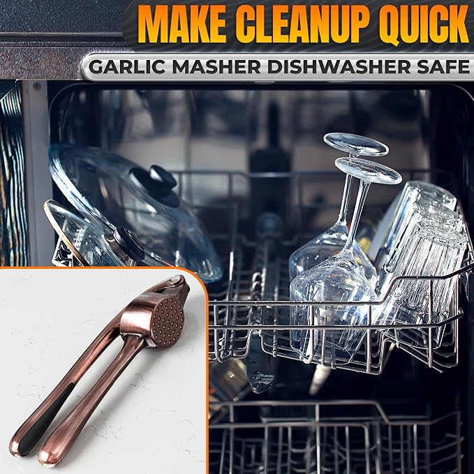 Stainless Steel Garlic Press Set, Peeler & Cleaning Brush, Copper | Ginger Mincer with 37 Built-In Studs for Maximum Extraction, Garlic Crusher for Ginger and Soft Nuts, Ergonomic Handle