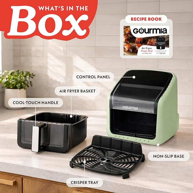 Gourmia Air Fryer 7 QT - Easy View Panorama Window & Interior Light, Guided Cooking with 12 One-Touch Presets, FryForce 360, Dishwasher Safe Accessories, Green