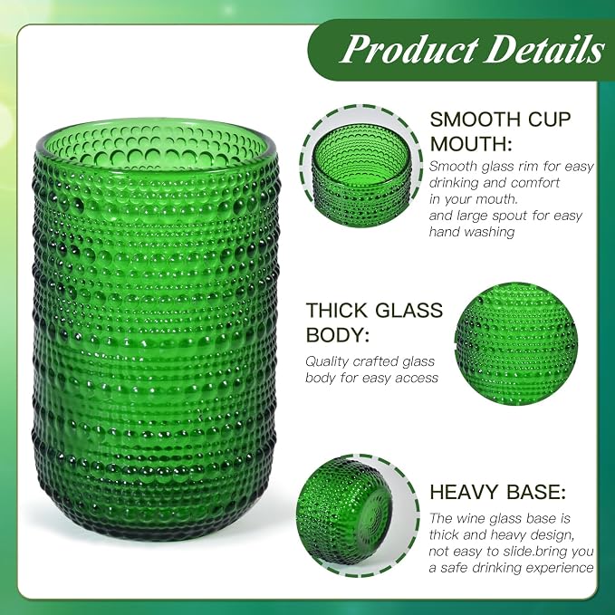 CHLJAR Christmas Green Vintage Wine Drinking Glasses Set of 6, 14 oz hobnail drinking glasses Glassware Embossed Green Water Tumbler for Beer, Juice, Cocktail, Whiskey, Milk