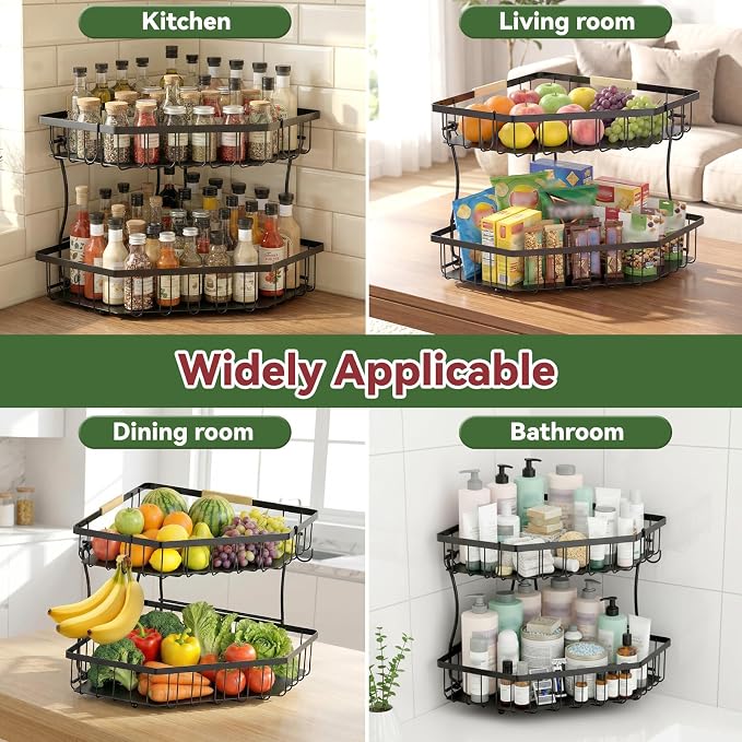 2 Tier Fruit Basket for Kitchen Counter with 2 Banana Hangers for Corner | Detachable Metal Fruit Bowl with Wooden Handle, Large Capacity Fruit Stand for Bread Fruit and Vegetable Storage, Black
