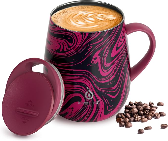 Ideus 16 oz (470 ml) Insulated Coffee Mug with Handle and Lid, Double Wall Stainless Steel Vacuum Thermal Coffee Mug, Travel Coffee Cup Thermal Cup for Home and Office (Red Zebra)