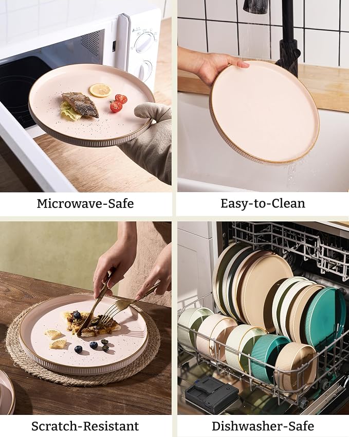 Famiware Plates and Bowls Set with Rim, Stoneware Dinnerware Sets for 4 | 12-Piece Ceramic Dishes, Lipped Edges, Chip & Scratch Resistant, Microwave & Dishwasher Safe, Everyday Formal Use, Light Pink