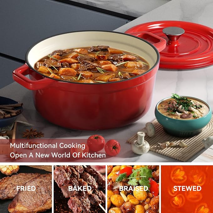 Miereirl 6.5 Quart Enameled Dutch Oven Pot with Lid, Cast Iron Dutch Oven with Dual Handles for Bread Baking, Cooking, Non-stick Enamel Coated Cookware (Red)