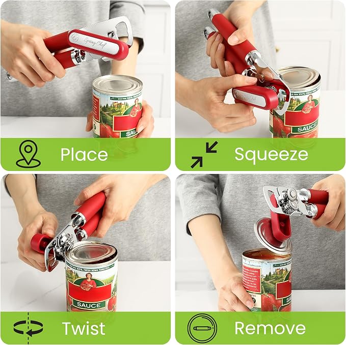 Spring Chef Stainless Steel Manual Can Opener with Soft Grip Handles, Red | Heavy Duty Hand Can Opener for Seniors with Smooth Edge, Easy Turn, 3in1 Can Opener with Magnetic Lid Remover & Bottle Opener